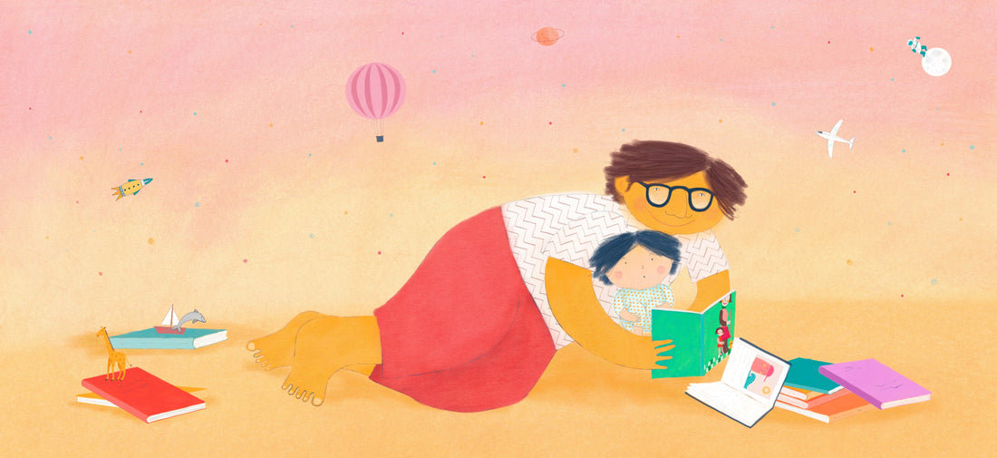 Bebé y adulto leyendo un cuento juntos en casa. "¿Te quiero qué?"