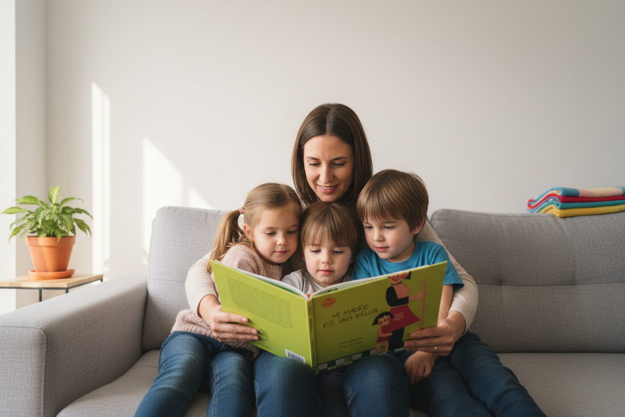 Lectura compartida – madre con niños de 4 y 6 años